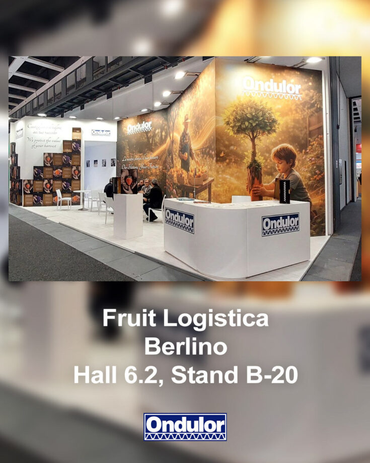 Stand Ondulor a Fruit Logistica 2026 di Berlino, Hall 6.2 Stand B-20, dedicato al packaging ortofrutticolo.