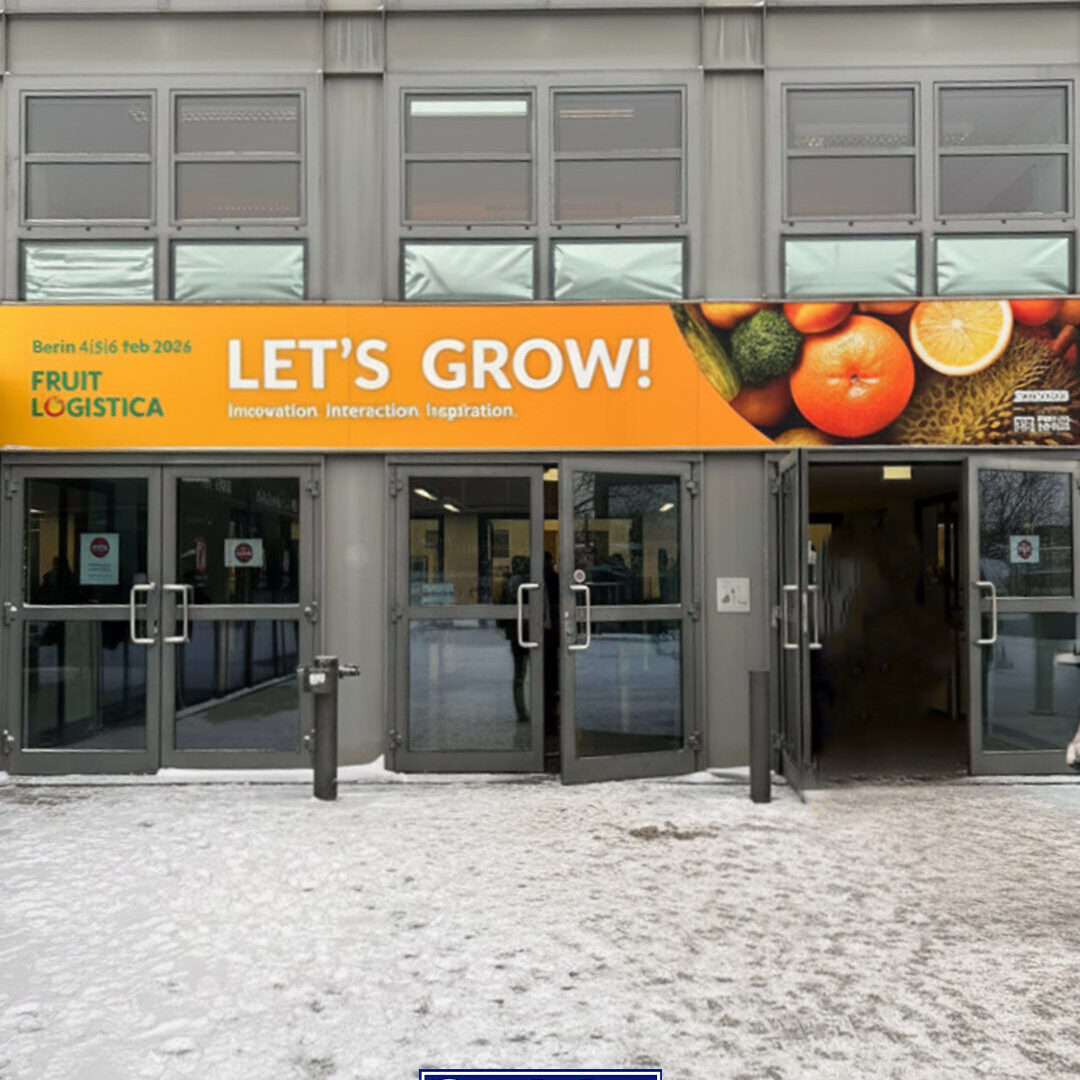 Ingresso di Fruit Logistica 2026 a Berlino con banner dell’evento e logo Ondulor.