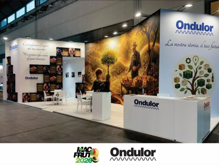 Stand Ondulor a Macfrut 2026 con soluzioni in cartone ondulato dedicate al packaging sostenibile per il settore ortofrutticolo.