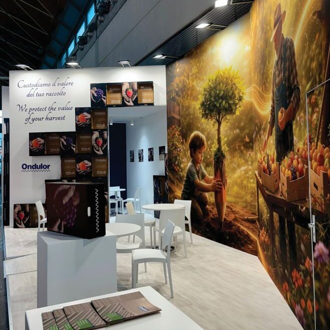 Interno dello stand Ondulor a Macfrut 2026 con soluzioni di packaging, area espositiva e grafica dedicata alla filiera ortofrutticola.